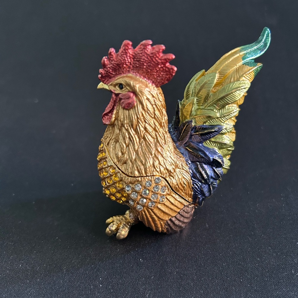 Enameled Bejeweled Hinged Rooster Trinket Keepsake. Gift. Christmas